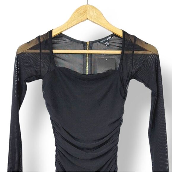 NEW Fashion Nova Oh So Fresh Ruched Mesh Mini Dress in Black Size XS - Picture 4 of 11